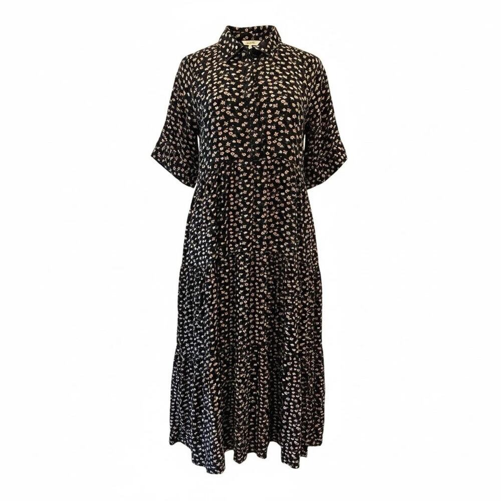 Ella Simone Dark Floral Tiered Short Sleeve Midi Dress Pockets Sz LP